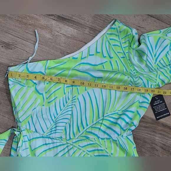Boston Proper One Shoulder Maxi Dress Green Blue Tropical Print  Sz 12 #1917 - Picture 9 of 10